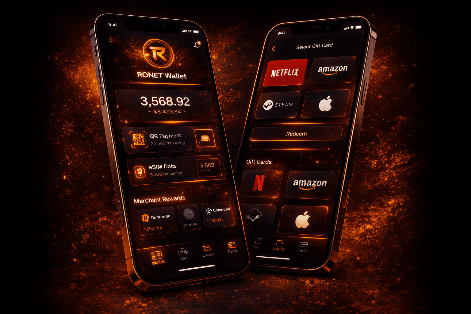 RONET Wallet app interface showing rewards balance, QR payment, and gift card options on mobile device