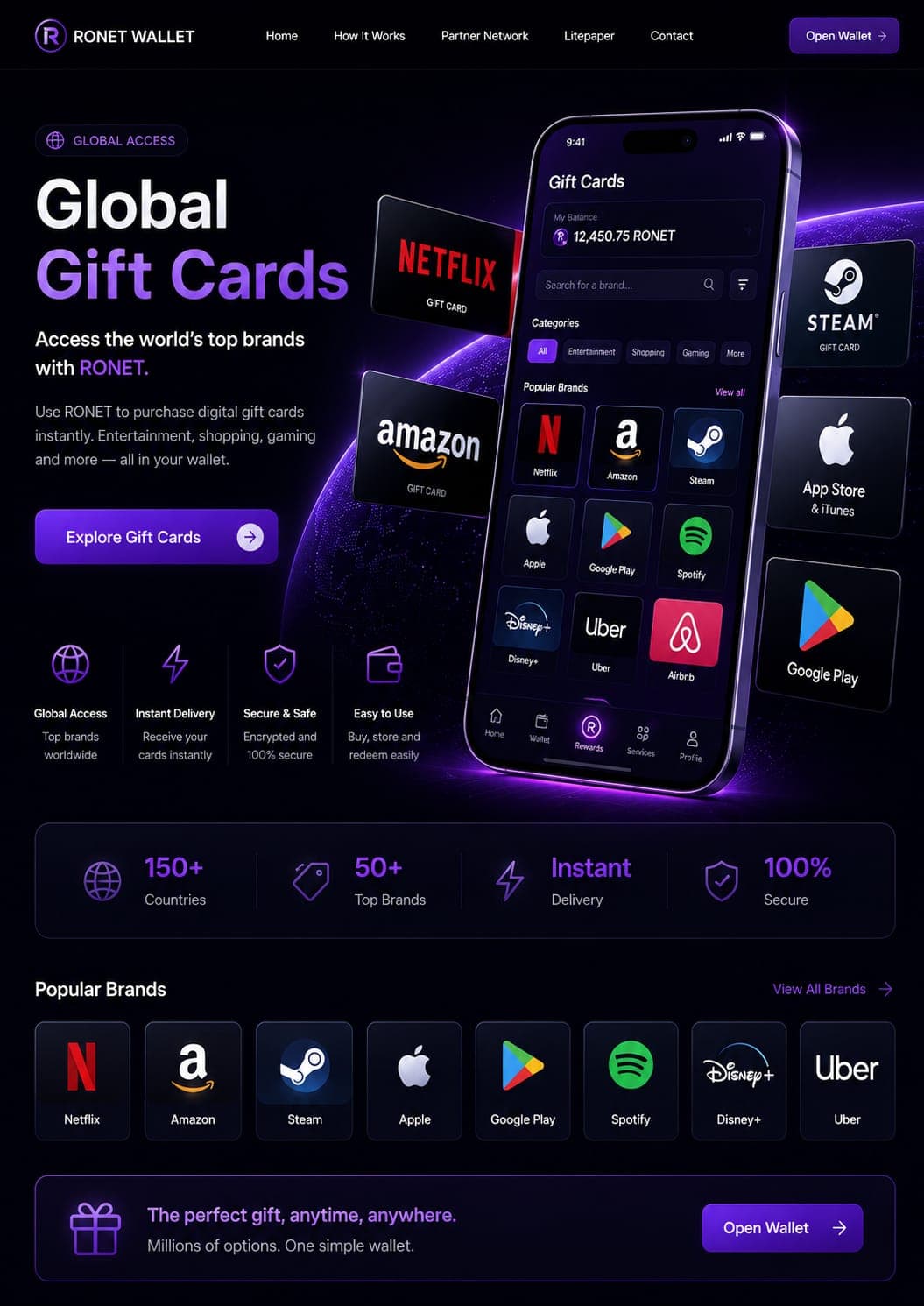Ronet Wallet landing page showcasing global gift cards from top brands on a smartphone.