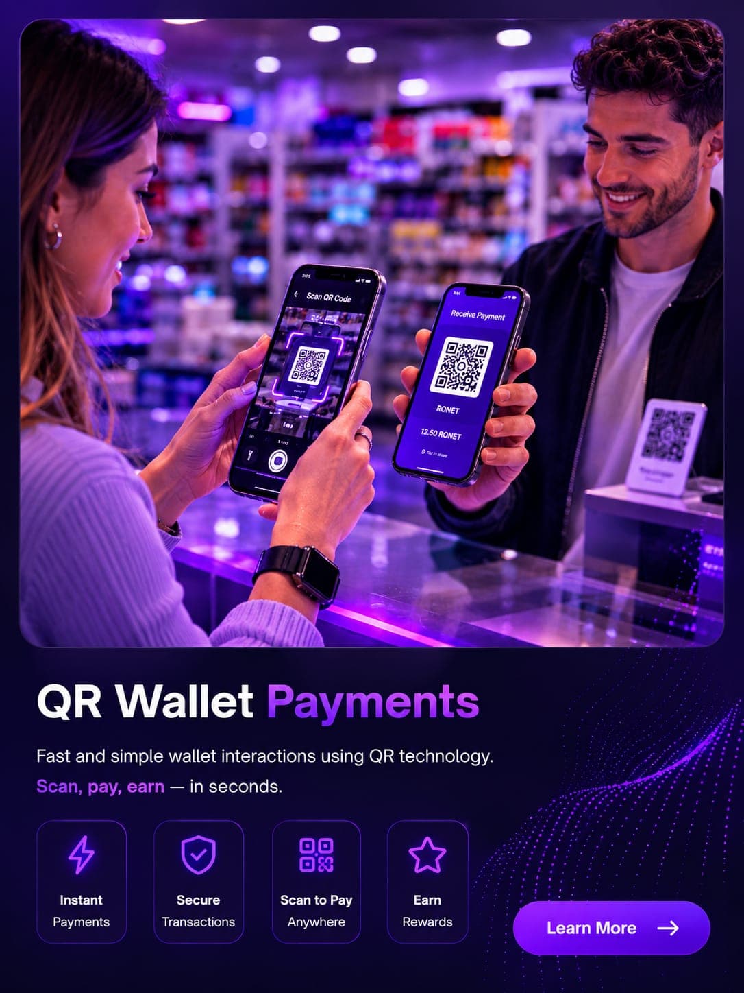 Woman scanning a QR code on a smartphone for a digital wallet payment at checkout.